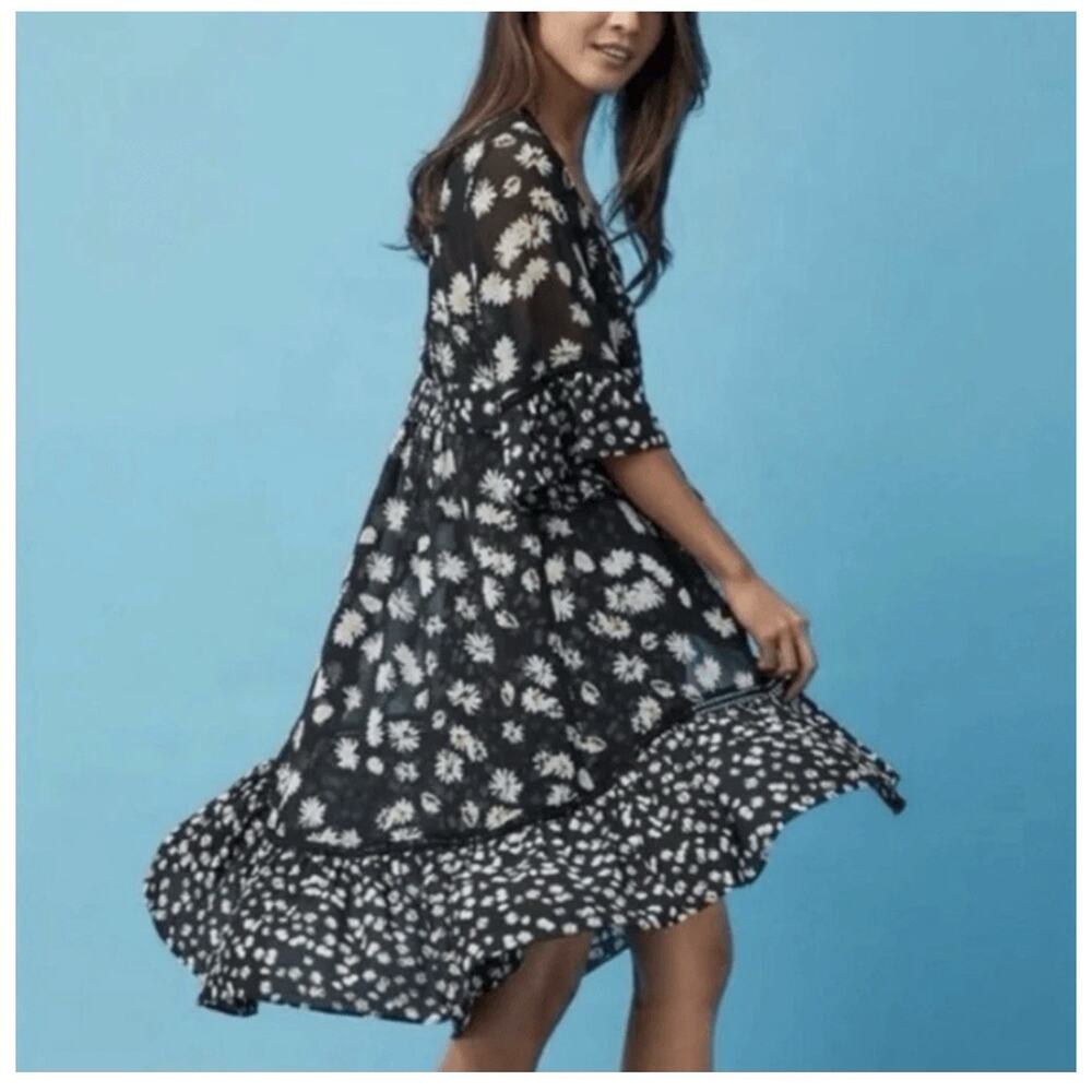 CAbi Daisy Print 2 Piece Chiffon Dress/Duster Wrap Black & White Sz L COTTAGE - Picture 5 of 16